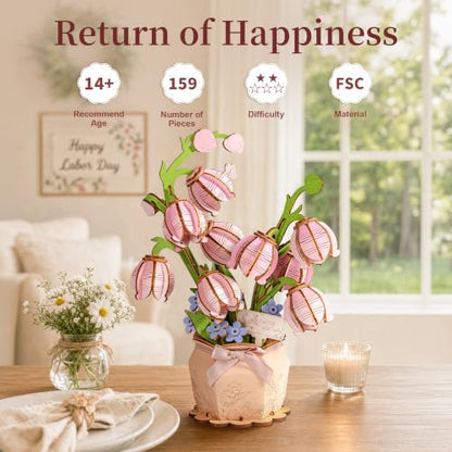 rowood 3D Puzzle Wooden Flower Craft Kit for Adults-Pink Lily of the Valley - style: Pink Lily of the Valley