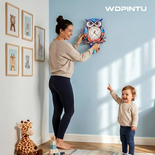 3D Wooden Owl Clock Puzzle – Colorful Deep Cobalt Blue and Red Design – DIY Model Kit for Teens & Adults (15+) – Unique Wall & Desk Clock with Roman Numerals – Gift-Ready Packaging - color: Deep Cobalt Blue