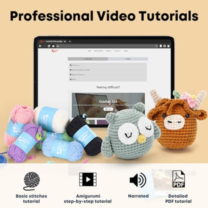 CrochetBox Brown Highland Cow and Owl Crochet Kit for Beginners, 2 PCS Set - color: 2 PCS Brown Highland Cow and Owl