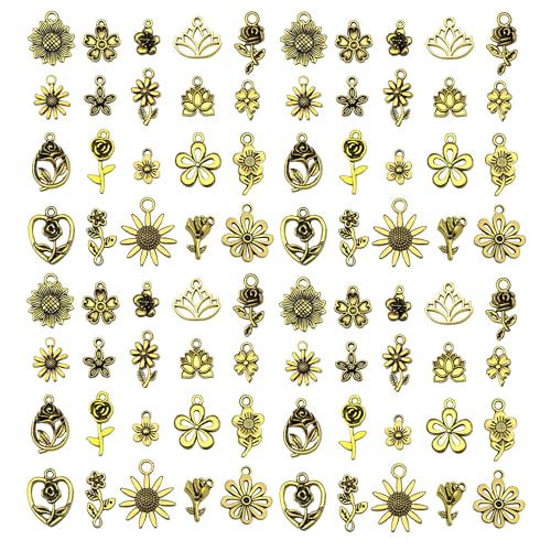 WOCRAFT 60pcs Antique Gold Flowers Bracelet Charms for Jewelry Making Sets DIY Necklace Bracelet Keychain Crafting Charms Kit Craft Supplies (SN876) - color: Antique Gold, size: Flowers Charms
