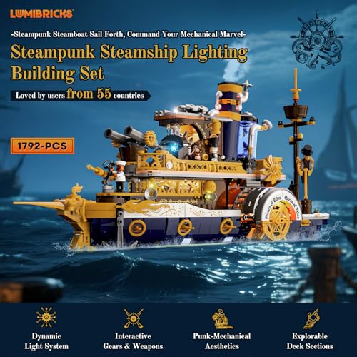 Lumibricks Steampunk Steamship Lighting Building Bricks Set - Steamboat Model Pirate Ship Destroyer Playset Collection Display kit with Minifigures 1792 Pcs for Adults & Teens & Steampunk Lovers