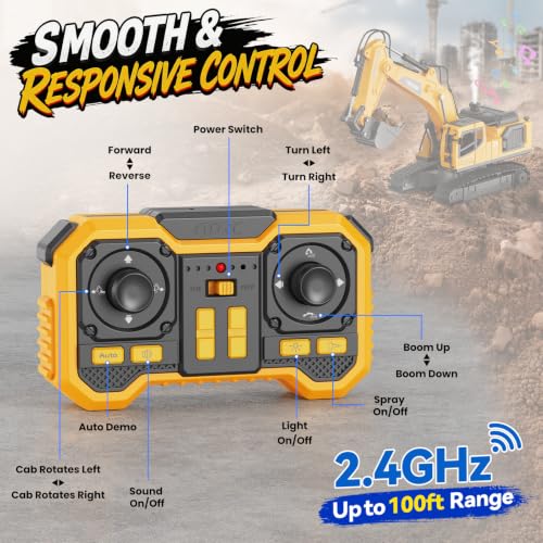 Remote Control Excavator Toy for Boys, 2.4GHz RC Excavator Toys with Metal Bucket, 12-Channel Construction Vehicle with Mist/Lights/Sound, 2x1200mAh Batteries, STEM Birthday Gift for Kids 8-12 - size: 13.4*4.5*6.9IN