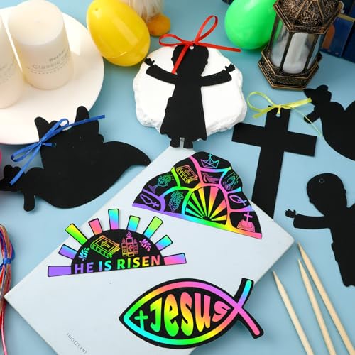 JULMELON 36Pcs Religious Easter Crafts for Kids, Rainbow Scratch Art - style: Religious Easter Crafts