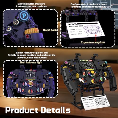Racing Simulator Steering Wheel Building Set, Mechanical Formula Sim Cars Driving Collectible Model Kit with Moving Parts & Phone Holder for Boys 14+ Adults (Style 2) - color: Black