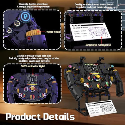 Racing Simulator Steering Wheel Building Set, Mechanical Formula Sim Cars Driving Collectible Model Kit with Moving Parts & Phone Holder for Boys 14+ Adults (Style 2) - color: Black