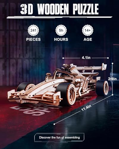 ROKR 3D Wooden Puzzle for Adults, F1 Racing Model Cars Kits Wind Up Toys