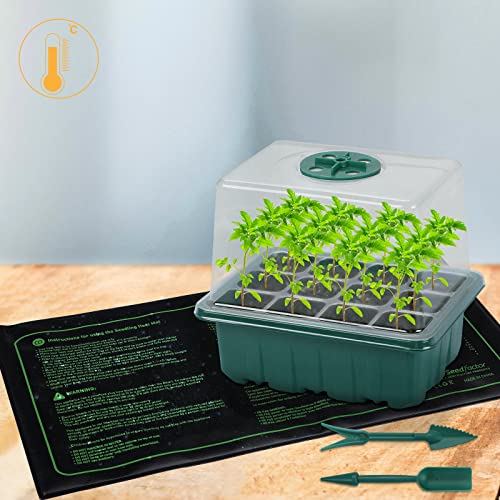 7-Pack Seed Starter Tray with Heat Mat (12 Cells per Tray), Plant Germination Trays with Adjustable Humidity Dome Seed Trays Seedling Starter with Base Trays for Germination - color: Green