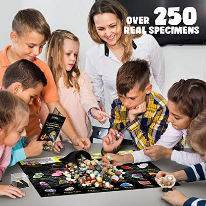 Rocks Minerals Fossils Science Kit-250+ Real Gems, Display Case, Kids Gift - style: 250 Pieces+