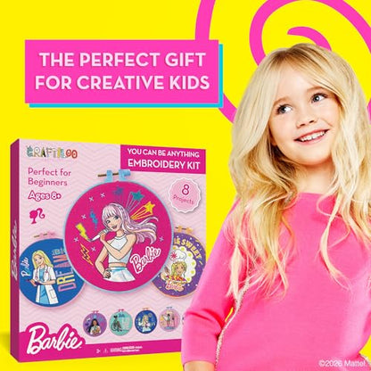 Barbie® Embroidery Kit for Kids Ages 8-12 - 8 Beginner Designs, 2 Hoops - color: Barbie Embroidery Kit