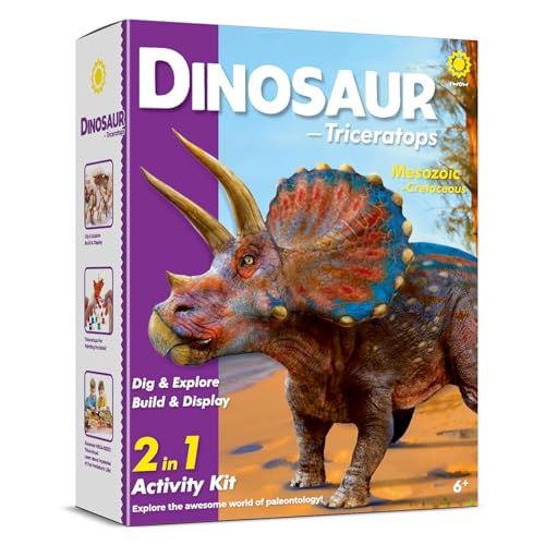 Dinosaur Triceratops Fossil Digging Kit for Kids 6+, 2-in-1 Dig & Build Educational Toy, Excavation Adventure with Paintable Model, Complete Paleontology Gift Set