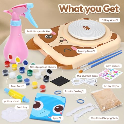 Skirfy Pottery Wheel for Kids, Pottery Kit with Air Dry Clay & USB Power - color: Brown