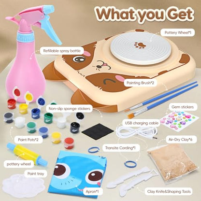 Skirfy Pottery Wheel for Kids, Pottery Kit with Air Dry Clay & USB Power - color: Brown