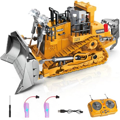 Remote Controlled Bulldozer, 9-Channel Metal RC Construction Vehicle Toy with Lights, Sound, and Rechargeable Battery, Remote Controlled Bulldozer Toy Gift for Kids Boys Girls Aged 4-12 (2.4 GHz) - style: Remote Controlled Bulldozer