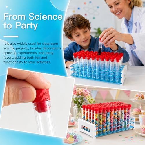 50 Pcs 16 x 100 mm Clear Plastic Test Tubes with Caps and Rack, 12 ml Laboratory Tubes and Holder Set for Science Experiments, Classroom, Nurse Graduation Decor, and Halloween Party Favors