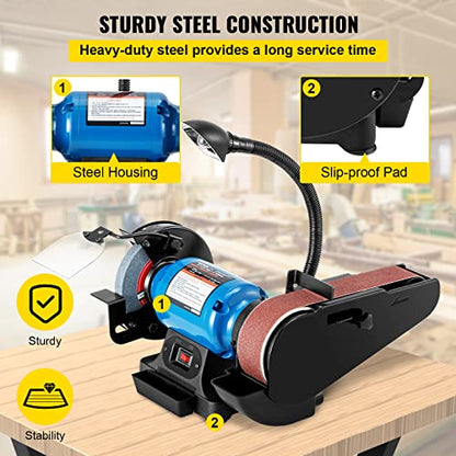 VEVOR 2IN1 2" Belt Grinder for Knife Making, 6" Belt Sander, 3450RPM Belt and Disc Bench Sander 90° Belt Holder with Sturdy Base and LED Working Lamp - size: 6" Grinder & 2" x 28" Belt Sander Combo