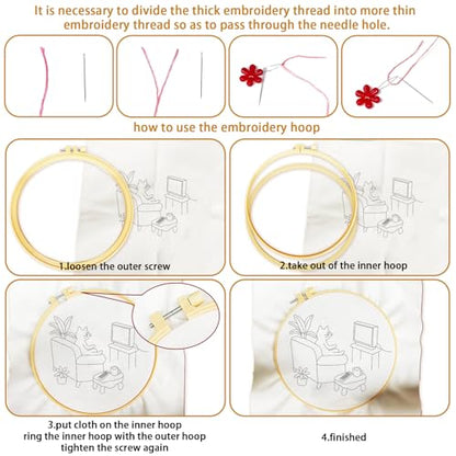 BEUNITONE 4 Set Embroidery Kit for Beginners, Daily Life of Cats Patterns Cross Stitch Kits, Needlepoint Kits for Adults with Hoop, Cute Hand Embroidery Patterns for Cloth and Home Decor - style: A-Cat-03