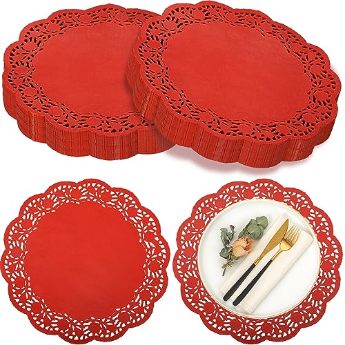 Yexiya 200 Pcs Lace Paper Doilies 14 Inch Round Foil Placemats, Red - color: Red