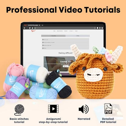 CrochetBox Brown Highland Cow Crochet Kit for Beginners, Craft for Adults - color: Highland Cow