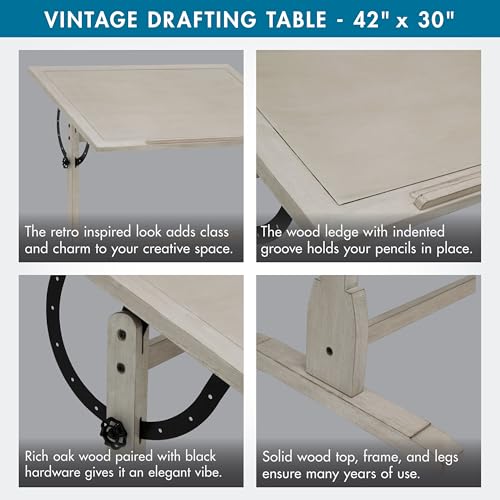 Studio Designs Wood Drawing/Drafting Table with Pencil Ledge - 42" W x 30" D - Whitewash - Tilting Top Adjustable Desk - color: Coastal Whitewash, size: 42" W x 30" D