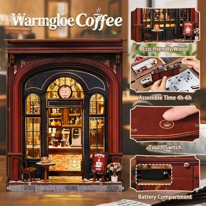 DIY Book Nook Kit, 3D Wooden Puzzle Miniature House with LED Light, Dollhouse Bookshelf Insert, Tiny House Model Building Kit, Unique Creative Gift for Adults and Teens (Warmglow Coffee) - style: Warmglow Coffee