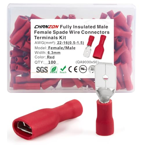 Chanzon 100pcs 1/4" Male & Female Spade Connector Semi-Insulated PVC Red - size: 6.3mm Male & Female Spade, style: 22-16AWG