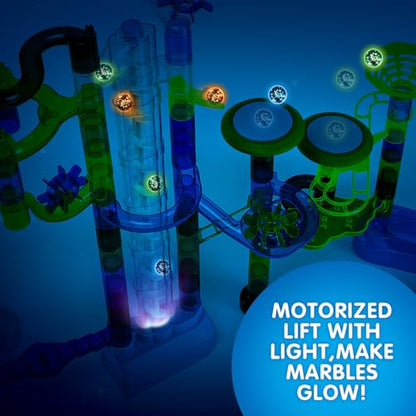 152pcs Glowing Marble Run Kit with Double Tracks Motorized Spiral Lift,2 Stunt Trampolines,30 Glow in The Dark Plastic Marbles & More. Building Project Toys, STEM Gifts for Boys&Girls.