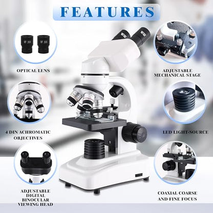 Compound Binocular Microscopes 64X-6000X with Electric Len, Microscope for Adults Kids Students, 4 Objective Lens, Biological Microscope Kit for School, Lab - style: Microscope Kit - 2