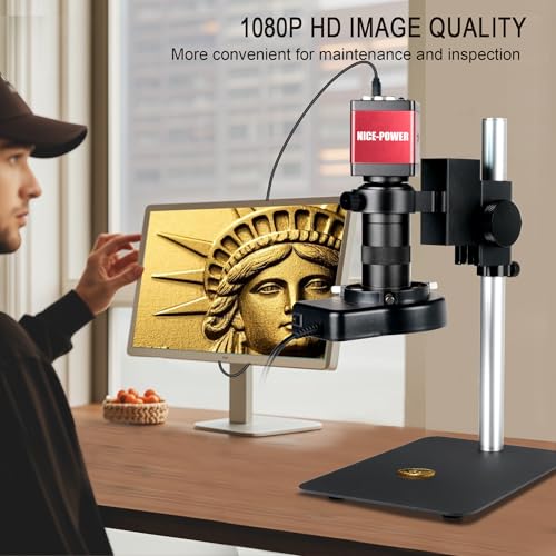 NICE-POWER Digital Microscope with Metal Base, 13MP 1080P HDMI VGA Industrial Microscope Magnifier, 130X Zoom C-Mount HD Lens, LED Ring Light, Soldering Electronic Repair Bench Microscopes - color: 130X-1080P (HDMI/VGA)-Red