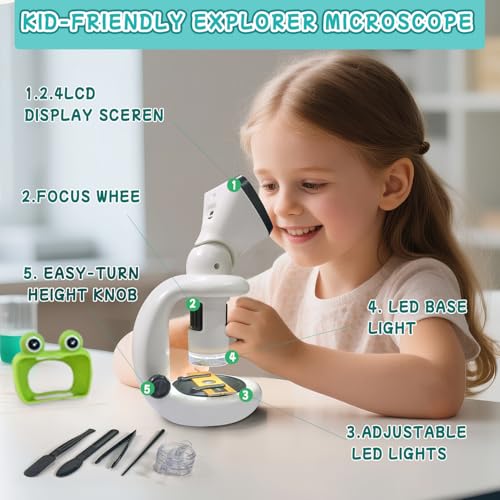Microscope for Kids with 12 Slides, 200X-1000X,2.4" Screen Digital Handheld Kids Microscope Kit, Portable Pocket Removable Miniscope Science Toys Gifts for for 3 4 5 6 7 8 9 10 11 12 Year Old