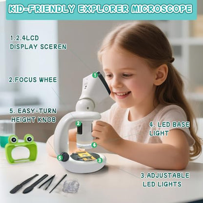 Microscope for Kids with 12 Slides, 200X-1000X,2.4" Screen Digital Handheld Kids Microscope Kit, Portable Pocket Removable Miniscope Science Toys Gifts for for 3 4 5 6 7 8 9 10 11 12 Year Old