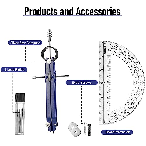 EBOOT Math Geometry Set Metal Compass 6" Clear Protractor, Blue - color: Blue