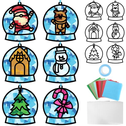 Qyeahkj 36 Set Winter Christmas Suncatchers Craft Kit for DIY Santa Snowman Reindeer Globe Tissue Paper Craft Kit Hanging Decor for Xmas Home Activity Art Project Birthday Party Favor Gift - style: Christmas Snow Globe