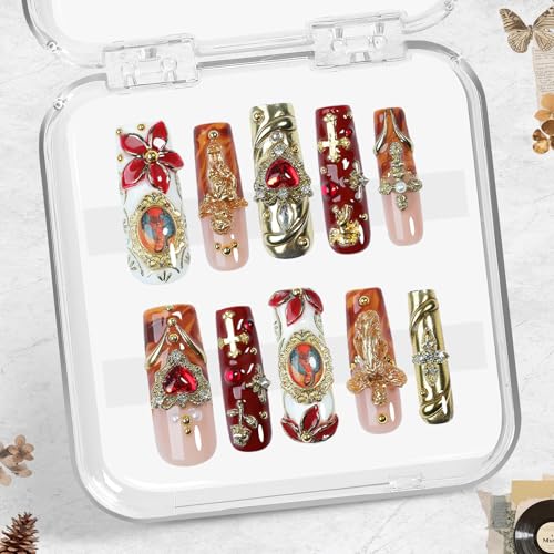 Handmade Gothic Press on Nails, Gold Cross Charm Long Square Nails, Luxury 3D Sacred Heart Angel Design False Nails, Reusable Full Cover 10pcs Set – Appife - color: Gilded Baroque, size: S