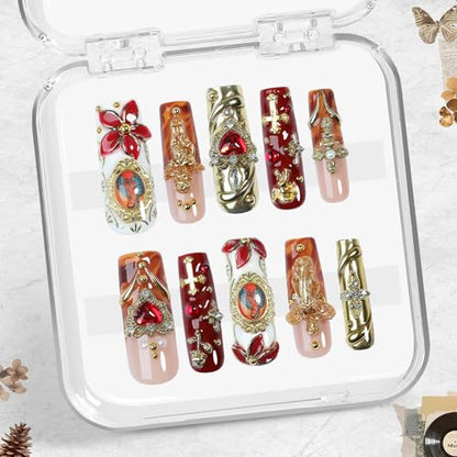 Handmade Gothic Press on Nails, Gold Cross Charm Long Square Nails, Luxury 3D Sacred Heart Angel Design False Nails, Reusable Full Cover 10pcs Set – Appife - color: Gilded Baroque, size: S