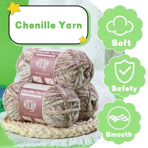 LUNARM Chenille Yarn for Crochet Knitting Chunky Blanket Velvet Yarn - color: Light Khaki Gradient