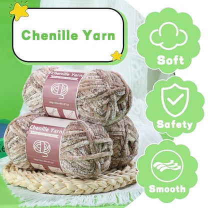 LUNARM Chenille Yarn for Crochet Knitting Chunky Blanket Velvet Yarn - color: Light Khaki Gradient