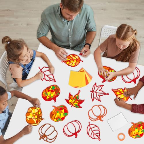 Qyeahkj 36 Set Fall Suncatchers Crafts for DIY Autumn Window Tissue Paper Crafts Kit Maple Leaves Pumpkin Hanging Decor for Thanksgiving Home Activity Art Project Birthday Party Favor Gift - style: Maple Leaves Pumpkin