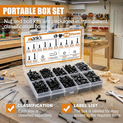 mankk 310PCS M5 Screw Kit M5x8-30mm Hex Socket Button & Cap Head Screws Bolts Nuts and Washers Kit 12.9 & 10.9 Grade Black Alloy Steel Machine Screw - size: M5, style: Button&Hex Socket Cap