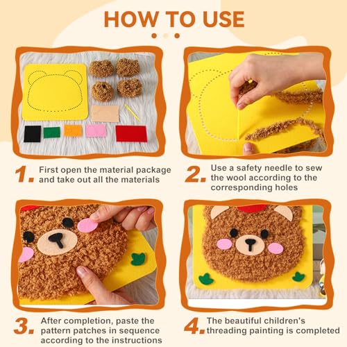 Vanttokeey DIY Embroidery Doll Set, 4pcs Cute Cartoon Animal Sewing Craft Kit Sewing Projects Yarn Board (Deer + Elephant + Lion + Bear) - color: Deer + Elephant + Lion + Bear