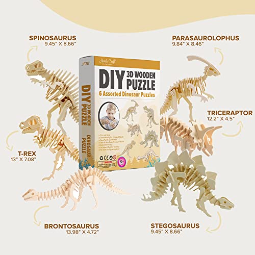Hands Craft DIY 3D Wooden Puzzle – 6 Assorted Dinosaur Bundle Pack Set Brain Teaser Puzzles Educational STEM Toy Adults and Kids to Build Safe and Non-Toxic Easy Punch Out Premium Wood JP2B1 - color: Dinosaur