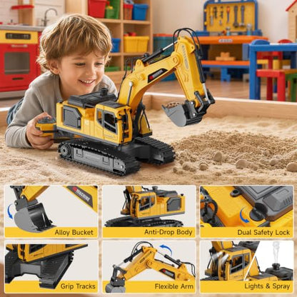 Remote Control Excavator Toy for Boys, 2.4GHz RC Excavator Toys with Metal Bucket, 12-Channel Construction Vehicle with Mist/Lights/Sound, 2x1200mAh Batteries, STEM Birthday Gift for Kids 8-12 - size: 13.4*4.5*6.9IN