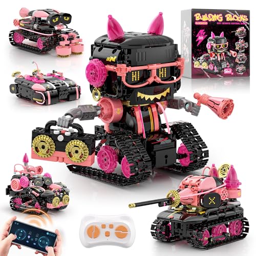 5in1 STEM Robot Building Kits for Kids 6-12, APP & Remote Control STEM Rock Robot Building Toys for Kid, Coding Interactive Tank Truck Vehicle Building Sets for Boys Girls Birthday Xmas Gift - color: Pink-black