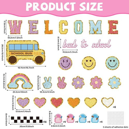 Welcome Back to School Bulletin Board Boho Groovy Preppy Patch Classroom Bulletin Board Decorations Schoolbag Paper Cutouts for Office Chalkboard Decor First Day of School Wall Door Supplies - style: Back to School