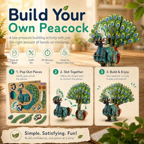 MierEdu Build 'N' Sound 3D Puzzle for Kids, Animal Puzzle with Sound Module, Educational STEM Craft Kit, FSC Paper Model Building Toy Gift for Ages 6+ - color: Peacock