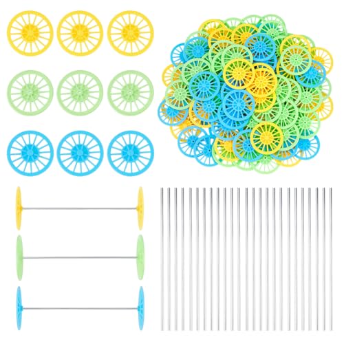 OLYCRAFT 100Pcs 3 Colors Plastic Project Wheels 1.5x0.2 Inch Shaft Round Rod Axles STEM Shaft Plastic Wheels and Steel Axles for DIY Projects Car Truck Boat Model Part Building Projects