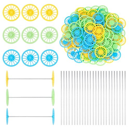 OLYCRAFT 100Pcs 3 Colors Plastic Project Wheels 1.5x0.2 Inch Shaft Round Rod Axles STEM Shaft Plastic Wheels and Steel Axles for DIY Projects Car Truck Boat Model Part Building Projects
