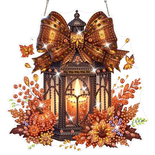 NAIMOER Fall Diamond Art Hanging Kits for Adults, Lantern 5D Special Shaped Rhinestone, DIY Acrylic Diamond Art Painting Window Pendants Home Garden Wall Hanging Ornament Kits, Double Sided - color: Lantern