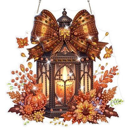 NAIMOER Fall Diamond Art Hanging Kits for Adults, Lantern 5D Special Shaped Rhinestone, DIY Acrylic Diamond Art Painting Window Pendants Home Garden Wall Hanging Ornament Kits, Double Sided - color: Lantern