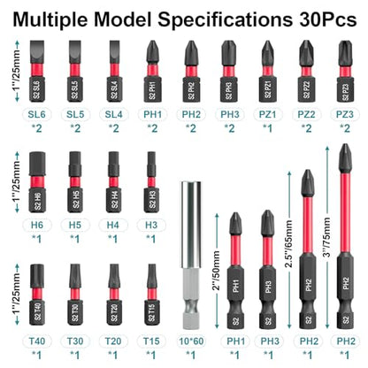 30Pcs Screwdriver Bit Set, S2 Steel Impact Bits - style: 30Pcs Screwdriver Bits Set