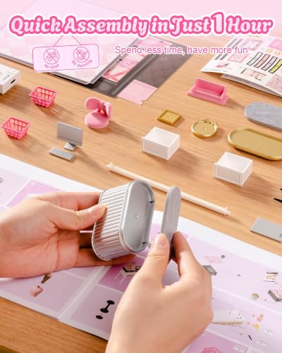 Rolife Super Creator Pink Beauty Secret DIY Miniature House Kit - No Glue Plastic Click-Assembly Dollhouse with Type-C LED Light - Stackable Room Box Toy for Adults and Teens (115 PCS)